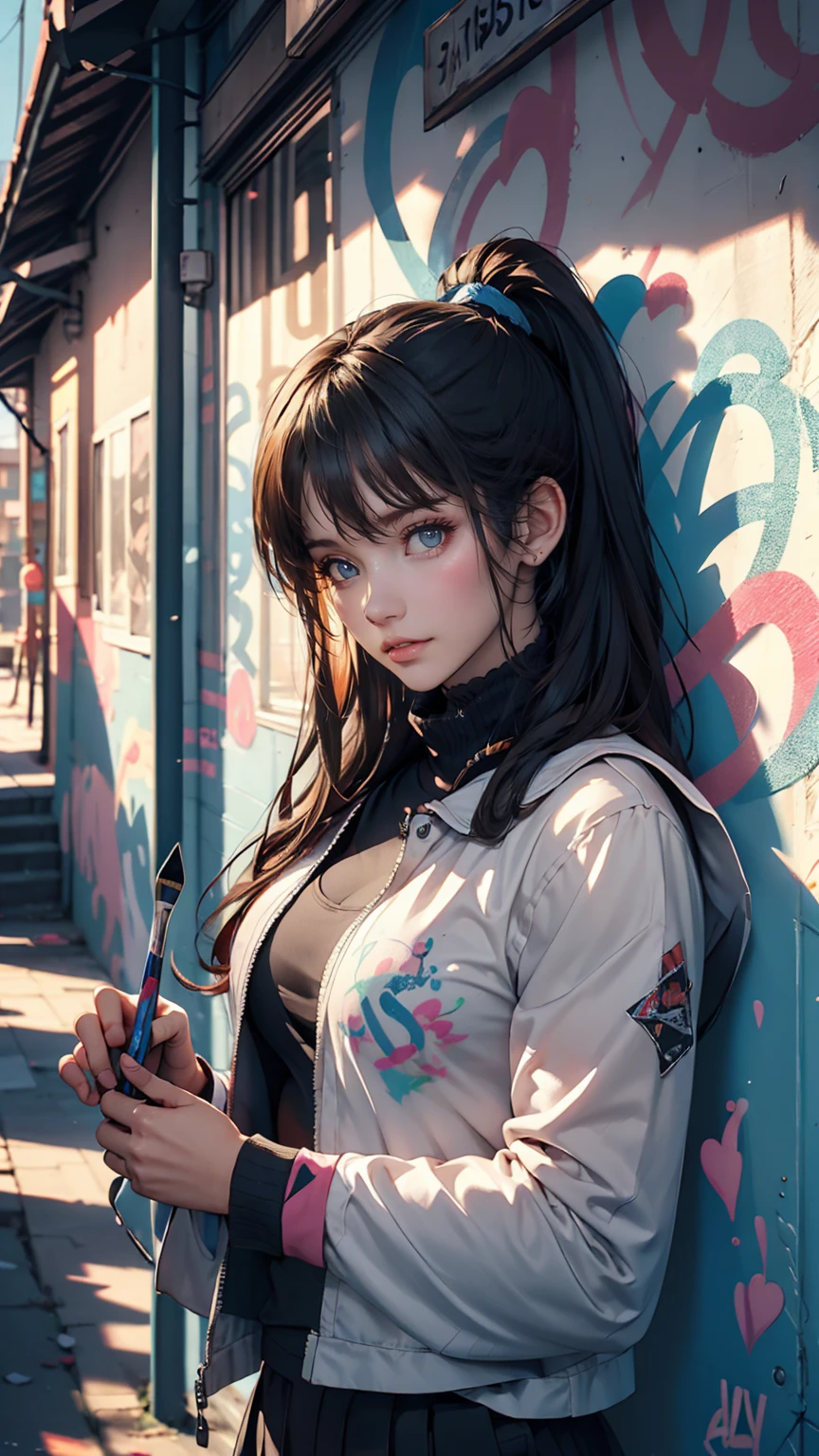 (Highest quality), masterpiece, Highly detailed CG uniform 8K illustrations, High collar, extremely High collar saturation, All the colors have deepened, paint, Graffiti art, Center Configuration, Highly detailed lights and shadows, Graffiti wall, wall painted bright, A girl's graffiti A girl is staring at the wall, Highly detailed face and eyes, Medium length hair, Sportswear, Coloured Clouds、Sexy proportions、Sexy、Too much exposed skin