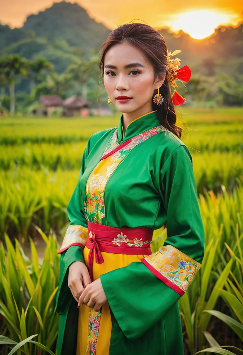 A MagMix Girl dressed in a beautiful Vietnamese national dress, standing in a lush green field during sunset, with the rich colors of the setting sun creating a stunning backdrop