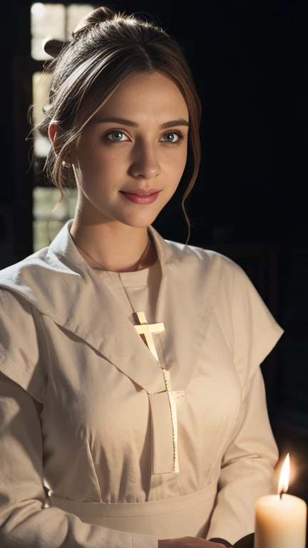 Front view, full body, standing, looking at viewer,  1 female is Denmark girl, White girl ,Age: 20 age-old,  blond hair,  hair bun, detailed blue eye,little smile,   Cathar、Sista－Dressed as、A cross is hanging from his chest、holding a candle in hand、Global illumination, back lit lighting, full bloom, ((Cold light)), Sharp focus, photograph realistic, Detailed skin, background out of focus, Cinematic composition , Ultra-detailed, Realistic , Hyper-realistic , volumetric lighting, 8K, trending on attestation