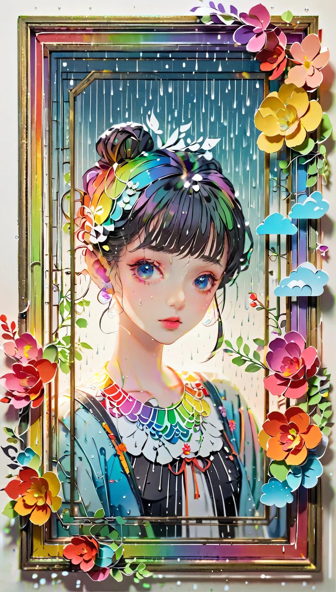 (((paper cutting style))), (frame of illustration is 3D paper cutting: 1.2), (random fashion), (random angle), (random hairstyle), (random hair color), (random hair length), 1 girl, rainbow, rain, unclear