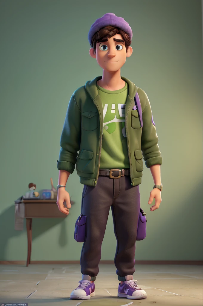((Best quality)), ((Masterpiece)), (detailed), perfect face, 3D character, a very tall man dressed casually, very short black hair, With a purple cap that says "Family Stream", brown eyes, cute big circular reflective eyes, Nike Jordan 1 sneakers, doing a pose demonstrating something. (green image background)(Pixar Style:1.2), (CGI animation: 1.2), (disney: 1.2), (Cartoon: 0.2), (Best Quality, masterpiece, 4k, ultra detailed, sharp focus, 8K, High Definition:1.2), (cf. Danny Mac 3D, por Follygon), (masterpiece: 1.2), absurdities