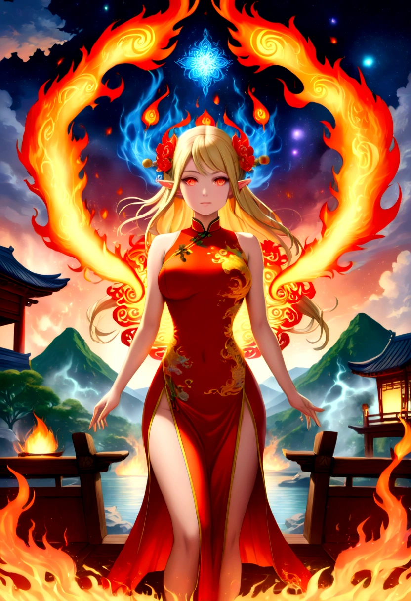 high details, best quality, 16k, [ultra detailed], masterpiece, best quality, (extremely detailed), full body, ultra wide shot, photorealistic, fantasy art, dnd art, rpg art, realistic art, an ultra wide picture of a female elf (intricate details, wearing fiery (Cheongsam: 1.3), Masterpiece, best quality: 1.5) goddess of fire ((fiery radiant aura)), controlling a swirling red fire, fiery red radiant magic (1.5 intricate details, Masterpiece, best quality), manipulating purple radiant magical symbols, [[divine symbols]] (intricate details, Masterpiece, best quality: 1.5), elf female, blond hair, long hair, hair with aura, with red radiant eyes, intense eyes, ((radiant eyes)), (( red glowing eyes)), she wears Cheongsam with fiery patterns, the fire leaps from the Cheongsam, fantasy volcano back ground, streams of lava, celestial background, ((divine worship atmosphere)), high details, best quality, highres, ultra wide angle,