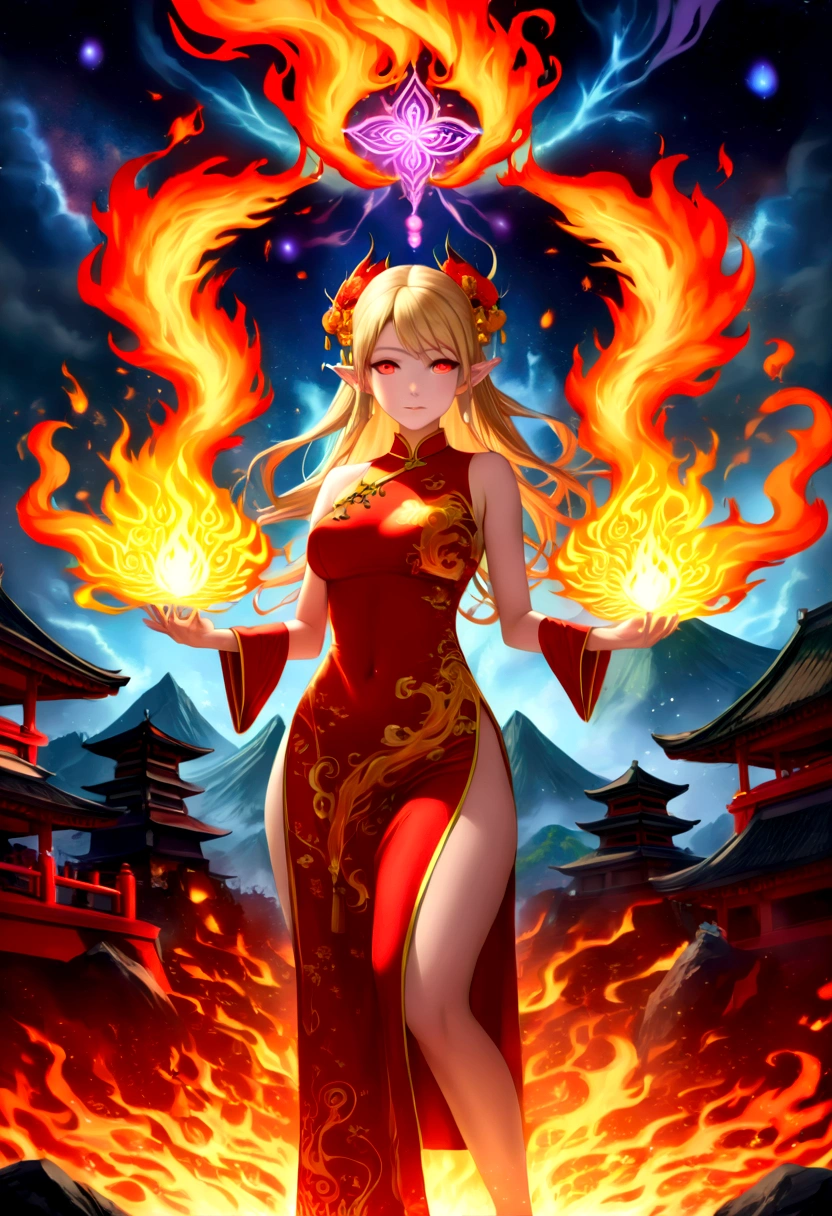 high details, best quality, 16k, [ultra detailed], masterpiece, best quality, (extremely detailed), full body, ultra wide shot, photorealistic, fantasy art, dnd art, rpg art, realistic art, an ultra wide picture of a female elf (intricate details, wearing fiery (white Cheongsam studded with red diamonds: 1.5), Masterpiece, best quality: 1.5) goddess of fire ((fiery radiant aura)), controlling a swirling red fire, fiery red radiant magic (1.5 intricate details, Masterpiece, best quality), manipulating purple radiant magical symbols, [[divine symbols]] (intricate details, Masterpiece, best quality: 1.5), elf female, (blond hair: 1.3), long hair, hair with aura, with red radiant eyes, intense eyes, ((radiant eyes)), (( red glowing eyes)), she wears Cheongsam with fiery patterns,  the fire leaps from the Cheongsam, fantasy volcano back ground, streams of lava, celestial background, ((divine worship atmosphere)), high details, best quality, highres, ultra wide angle, faize, diam0nd