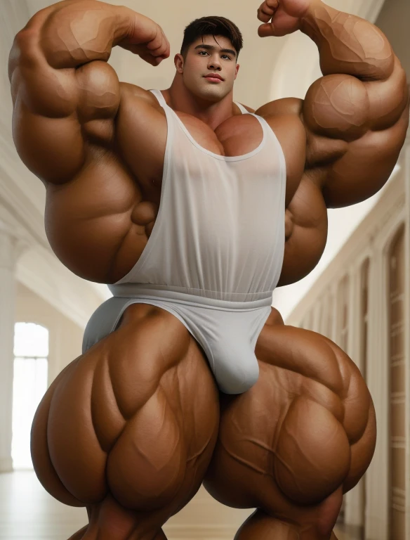 1 men, giant, bodybuilder pose, illuminating light, strong body, bulk, large size, armpit, stand on the wall, nude, white singlet & underwear, prominent bulge, big, brutalmass, giant, muscular body, bulk, buff, massive body, large meaty body size