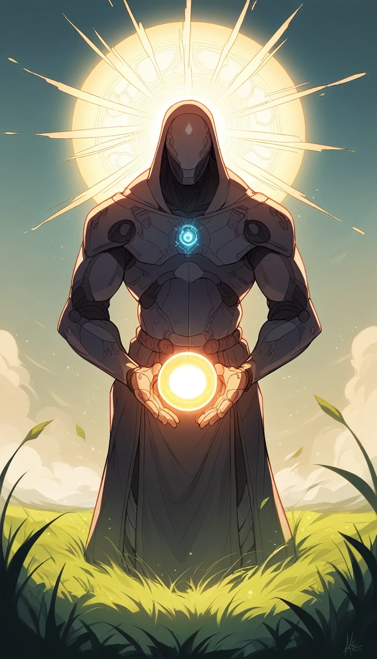 The image depicts a futuristic, otherworldly figure standing in a field of tall grass. The figure is adorned with intricate, geometric patterns and glowing lights, suggesting a technologically advanced civilization. The figure's posture, with hands clasped in prayer, hints at a spiritual or religious aspect. The background features a large, glowing orb, possibly a sun or moon, adding to the surreal and mystical atmosphere of the scene. The image combines elements of science fiction, fantasy, and spirituality, creating a visually striking and thought-provoking composition.