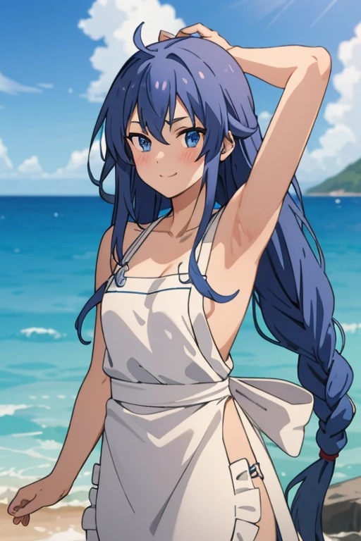 (masterpiece, best quality), music, 1 girl, solitary, Smile, blush, Double braid, Long hair, Blue Hair, garlic,  blue eyes, ((apron)), ((nude)), 裸apron，Small Breasts, Upper Body, eternal,  Looking at the audience, ocean滩, ocean,raise arms， Arms behind head ，(armpit), clavicle, bare arm, Bare shoulders, 