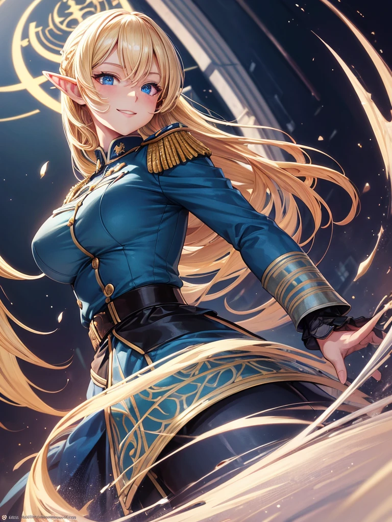detailed illustration (side view),dynamic angle,ultra-detailed, illustration, pose for the camera, smiling at viewer, clean line art, shading, anime, 2020’s anime style, detailed eyes, detailed face, beautiful face,

Blonde hair, blue eyes, elf, elf woman, pale skin, WW2 German officer uniform, stern look,  uniform,