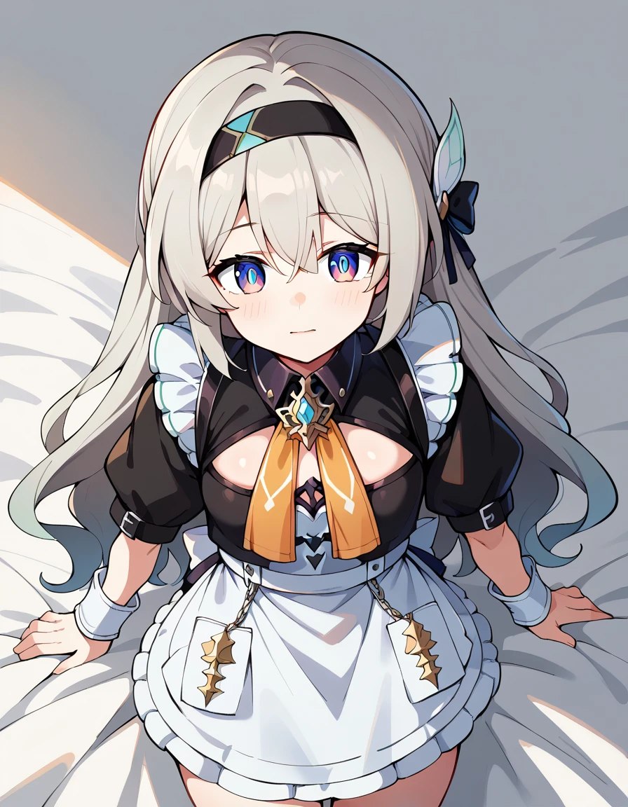 score_9, score_8_up, score_7_up, white background, simple background, BREAK source_anime, BREAK (1girl, solo, solo focus), fireflydef, jacket, dress, grey hair, maid outfit, cute, in bed