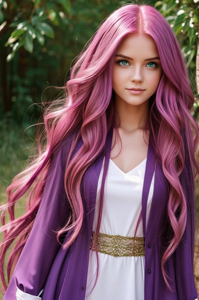 Generate a long pink haired girl with a purple outfit and green eyes