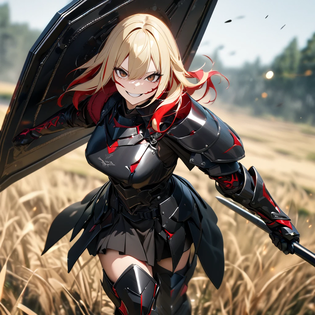 A woman in her 20s, wearing heavy black armor, black metal bracelet, black metal boots, with red details on the armor, short shoulder-length blonde hair, red bangs, smiles, multicolored hair, brown eyes, sadistic smile, face of psychopath, evil face, holding a black metal shield, and a black metal sword, in a combat stance, in an open field,  UHD , work- prime, precise, anatomically correct, textured skin, super details, high quality, best quality, 8k, high resolution, bokeh effect. (woman solo )
