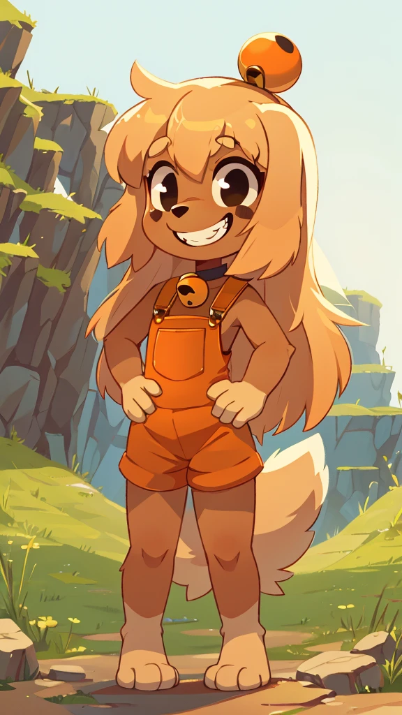 score_9, score_8_up, score_7, score_6_up, rating_safe,, lilotte, solo, 1girl, dog ears, long hair, furry female, dog tail, barefoot, looking at viewer, blonde hair, black eyes, full body, standing, smile, upper body, sleeveless, orange overalls, outdoors, bell, dog girl, holding, animal nose, grin,teeth, hands on hips, paw pads, from behind,  blank white background, feets with three toes, 3 toes,