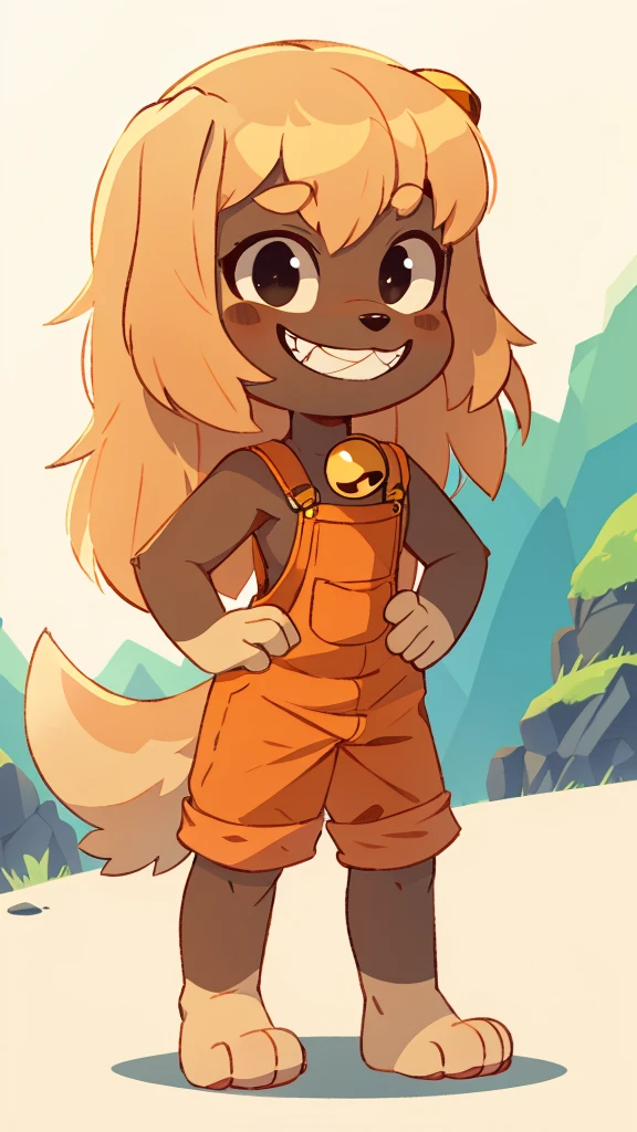 score_9, score_8_up, score_7, score_6_up, rating_safe,, lilotte, solo, 1girl, dog ears, long hair, furry female, dog tail, barefoot, looking at viewer, blonde hair, black eyes, full body, standing, smile, upper body, sleeveless, orange overalls, outdoors, bell, dog girl, holding, animal nose, grin,teeth, hands on hips, paw pads, from behind,  blank white background, feets with three toes, 3 toes,