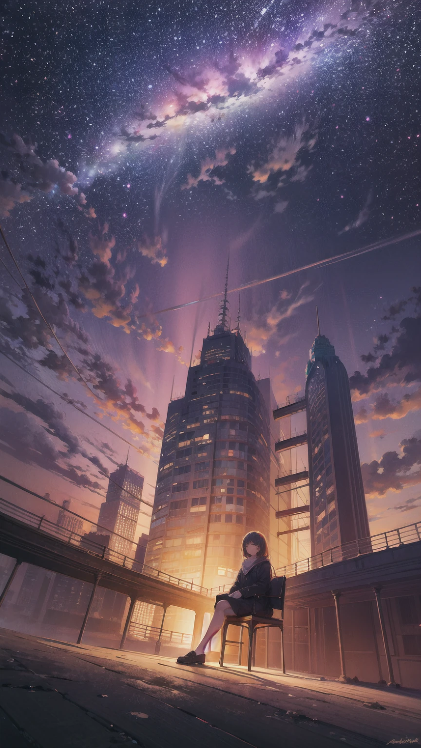 octans, sky, Star (sky), scenario, Starry sky, natta, 1 girl, natta sky, standing alone, plein-air, building, nube, Milky Way, sitting down, Tree, long hair, citys, silhuette, citysscape 