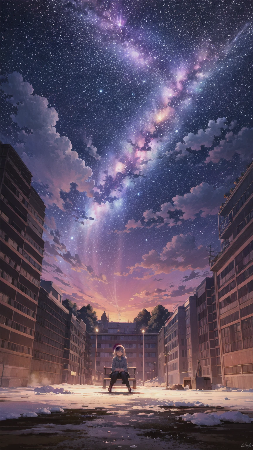 octans, sky, Star (sky), scenario, Starry sky, natta, 1 girl, natta sky, standing alone, plein-air, building, nube, Milky Way, sitting down, Tree, long hair, citys, silhuette, citysscape
