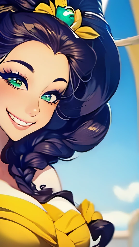 a close up of a woman with long hair and a yellow dress, kailee mandel, the sailor jupiter. beautiful, she has perfect white teeths, beautiful gorgeous, gorgeous beautiful, beautiful and smiling, belle delphine, disney inspired, looks like laura barriales, vannessa ives, yellow makeup, beautiful!!!!!!!!!!!!, gorgeous female jade tailor, beutiful