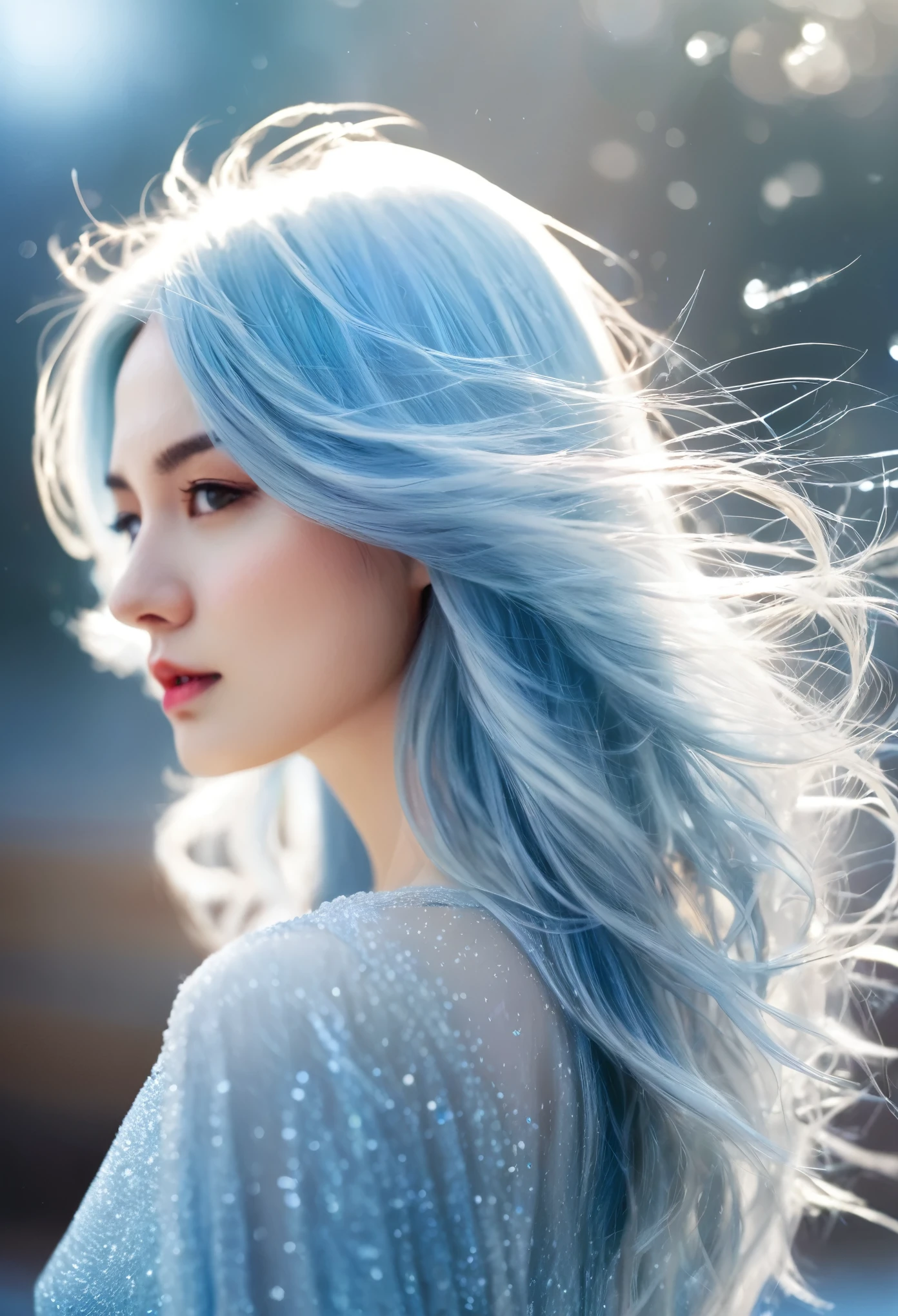 beautiful, young woman, in the crystal and ice area, fluttering ice, snowing,  gradient hair, silver hair, sky blue hair, long hair, blue eyes, eye reflection, disdain, ray tracing, reflection light, blurry, glowing light, shallow depth of field, chiaroscuro, stereogram, zoom layer, , bokeh, masterpiece, best quality, high quality, HD