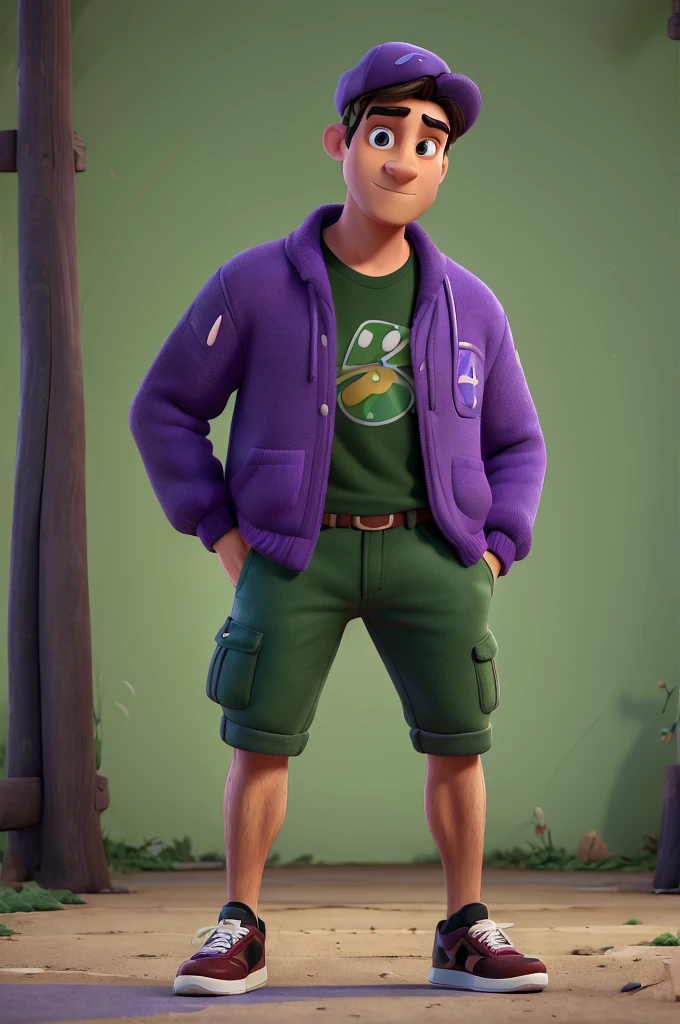 ((Best quality)), ((Masterpiece)), (detailed), perfect face, 3D character, a very tall man dressed casually, very short black hair, With a purple cap of summer that says "Family Stream", brown eyes, cute big circular reflective eyes, Nike Jordan 1 sneakers, doing a pose demonstrating something. (green image background)(Pixar Style:1.2), (CGI animation: 1.2), (disney: 1.2), (Cartoon: 0.2), (Best Quality, masterpiece, 4k, ultra detailed, sharp focus, 8K, High Definition:1.2), (cf. Danny Mac 3D, por Follygon), (masterpiece: 1.2), absurdities