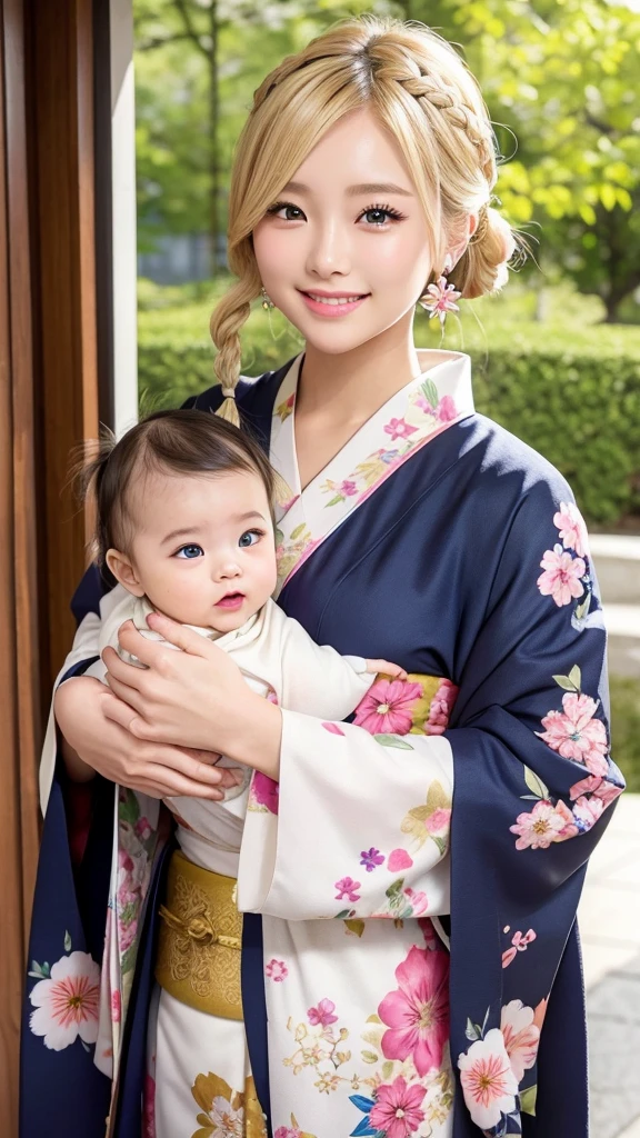 Blonde kimono beauty、Gorgeous floral patterned kimono、My cute girlfriend is a kimono model..、Brown eyes、Beautiful smile、He is short、Braiding、hair ornaments、Colorful and showy kimono、
