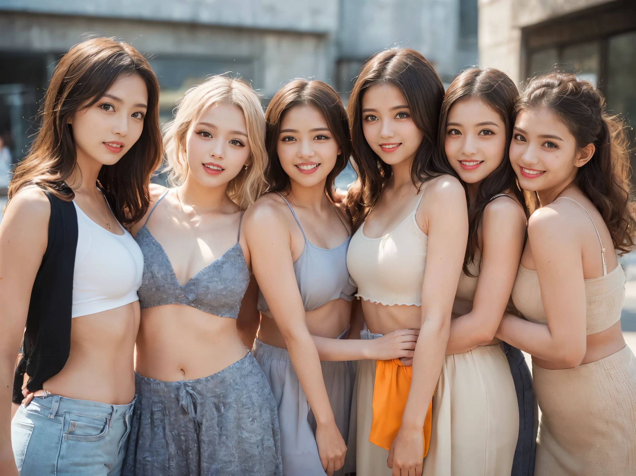 masterpiece, Better Quality, High resolution, ((Photorealistic:1.4, Raw photo, 超High resolution,Best image quality: 1.4)), ((Upper body 1.5)), Beautiful attention to detail, Natural color lip, ((Big smile:1.5)), ((Random and cute curly hair)), ((Random breast sizes from large to medium:1.3)), ((Random fashionable clothes:1.6)), ((Random Light Wear:1.2)),((Proudly、Look under the eyes、Mole on arm:0.9)), ((Peeking from below)), ((Street Corner)), ((Random and cute expressions)),, ((Four Girls、4 people standing side by side:1.5)) Highly detailed and professional lighting、 ((Random and cute expressions:1.5))、 ((Armpit Display:1.5))、 ((She's showing her armpits:1.5))、 ((I can see your thighs:1.5))