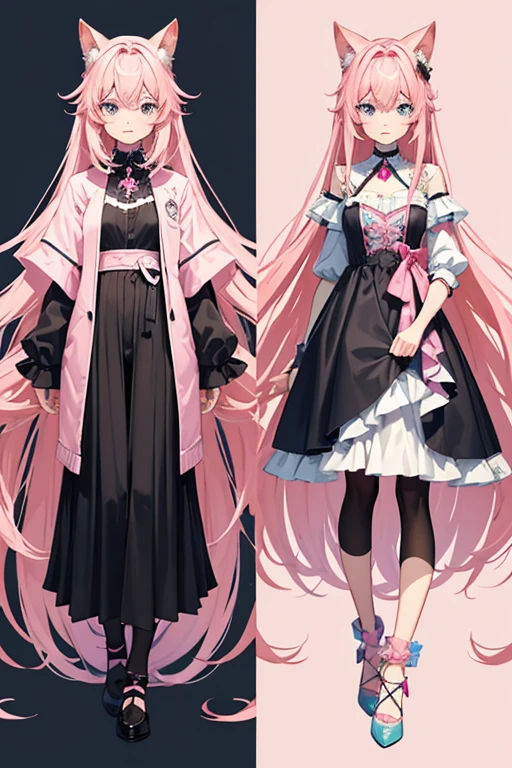 A pink and long hair human girl with blue and pink eyes and with a cute fashionable cloth with a black and slightly pink color palette and do it in a reference sheet