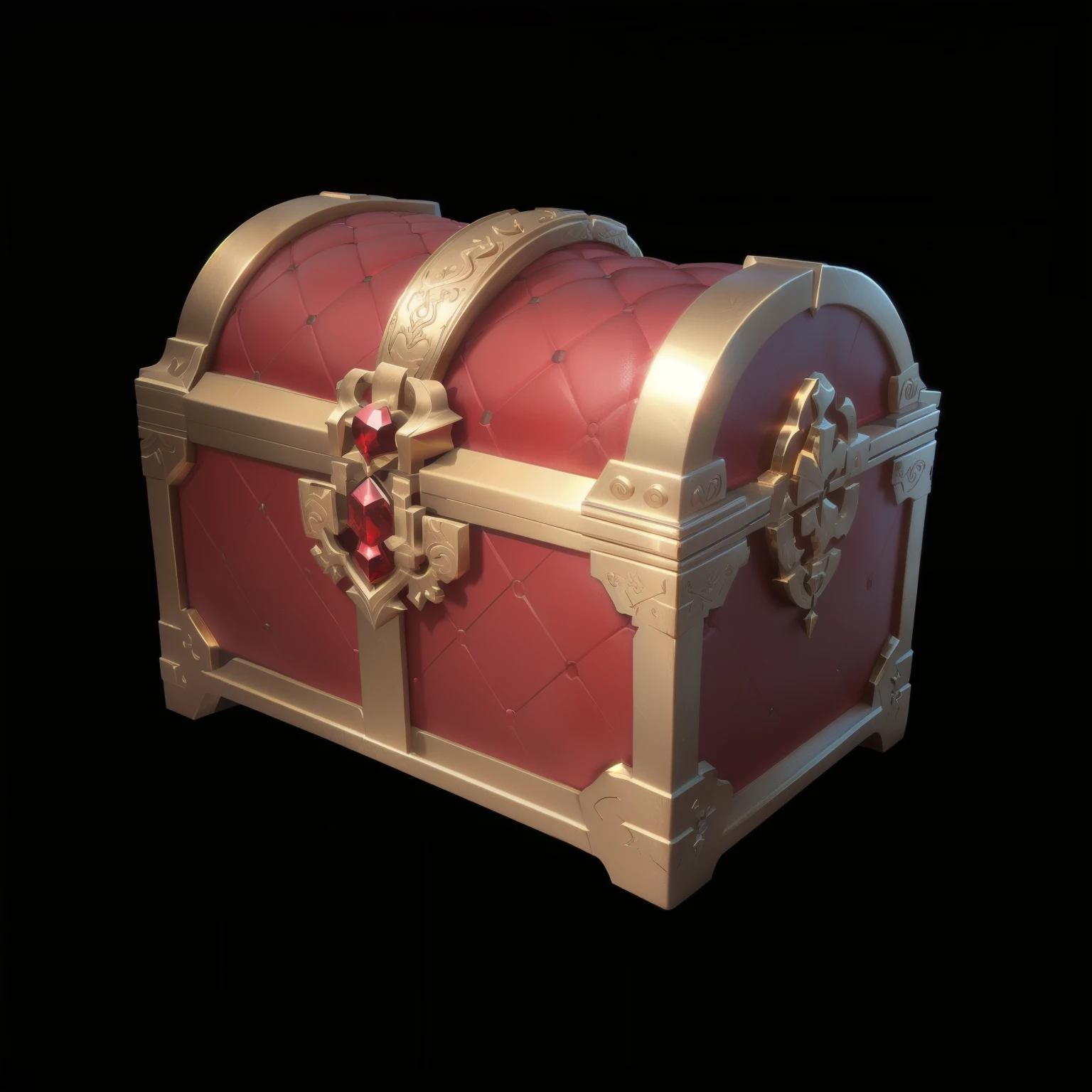 Red leather treasure chest with gold metal rim and rubies,Loot Boxes,Treasure ,Metallic luster,Game assets, Treasure artifact, 3d icons for mobile games,Diablo concept style,