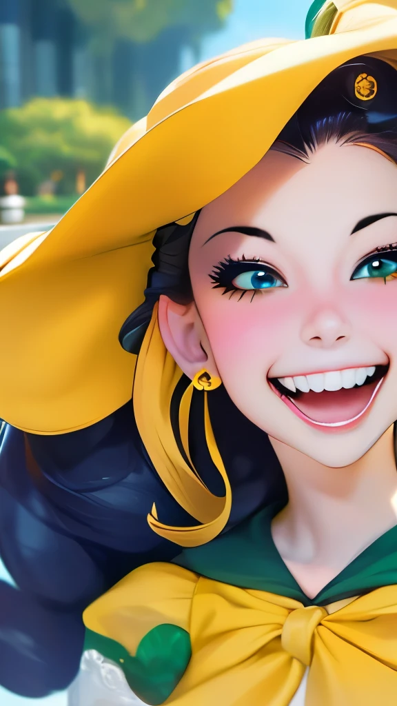 a close up of a woman with long hair and a yellow dress, a picture by Nicholas Marsicano, tumblr, pop art, kailee mandel, the sailor jupiter. beautiful, she has perfect white teeths, beautiful gorgeous, gorgeous beautiful, beautiful and smiling, belle delphine, disney inspired, looks like laura barriales, vannessa ives