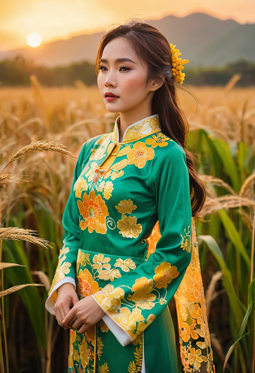 A MagMix Girl wearing a traditional Vietnamese ao dai, standing gracefully in a field at sunset, with the soft golden light highlighting her silhouette against a vibrant sky