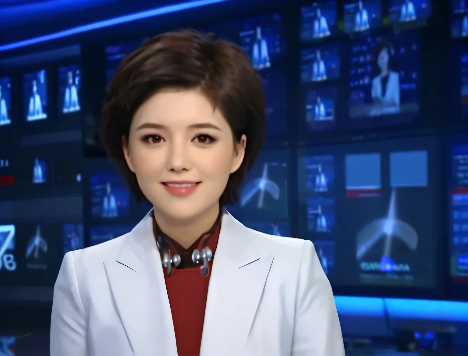Female news anchor with fluffy short hair and distinct hair roots