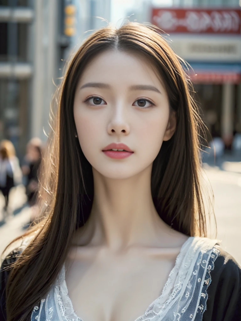 ((Best quality,High Detail,Focus accurately,masterpiece:1.5)),18 years old sweet girl: 1.5, Soft skin: 1.2, Highly detailed face and skin textures, Delicate eyes, Double eyelids,Large Breasts,Slim waist, (Natural light, City Streets: 1.1)
