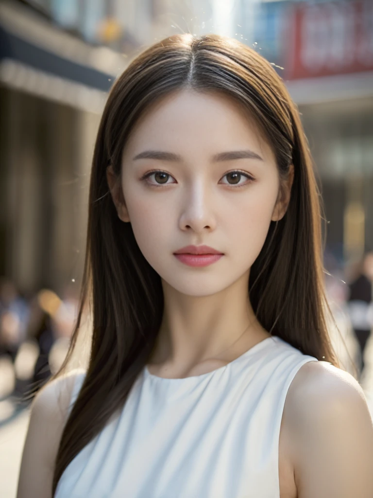 ((Best quality,High Detail,Focus accurately,masterpiece:1.5)),18 years old sweet girl: 1.5, Soft skin: 1.2, Highly detailed face and skin textures, Delicate eyes, Double eyelids,Large Breasts,Slim waist, (Natural light, City Streets: 1.1)