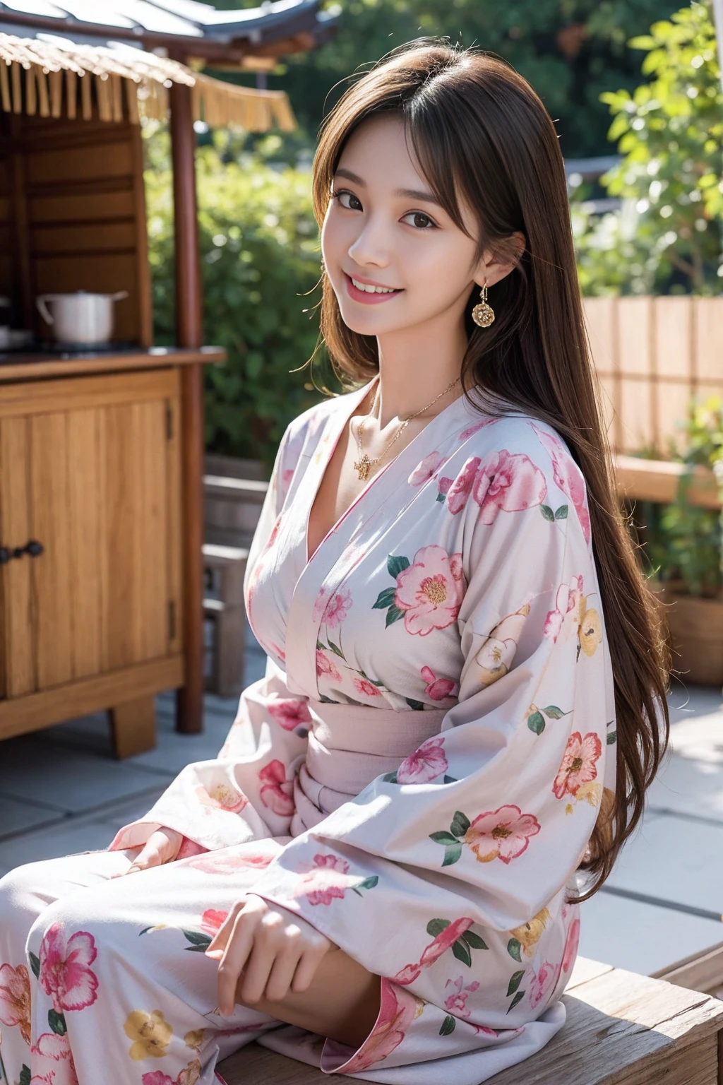 Highest quality,8K, Detailed facial depiction, Detailed description of the eyes,One Woman, Light brown hair(Medium-long hair),Beautiful Japanese Girl,24-years-old,Cute eyes,Cute Smile,Yukata beauty,Black floral yukata,Slender body, Large, plump breast size, Long and beautiful legs,Smiling, Colorful earrings,necklace,Are standing,Beautiful nape,Summer festival,There are food stalls