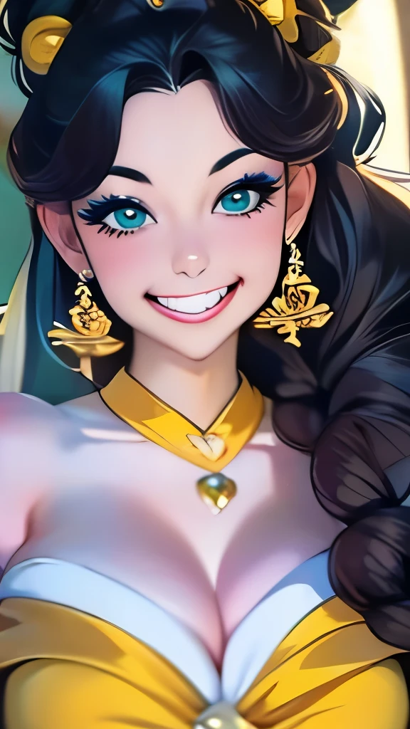 a close up of a woman with long hair and a yellow dress, kailee mandel, the sailor jupiter. beautiful, she has perfect white teeths, beautiful gorgeous, gorgeous beautiful, beautiful and smiling, belle delphine, disney inspired, looks like laura barriales, vannessa ives, yellow makeup, beautiful!!!!!!!!!!!!, gorgeous female jade tailor, beutiful