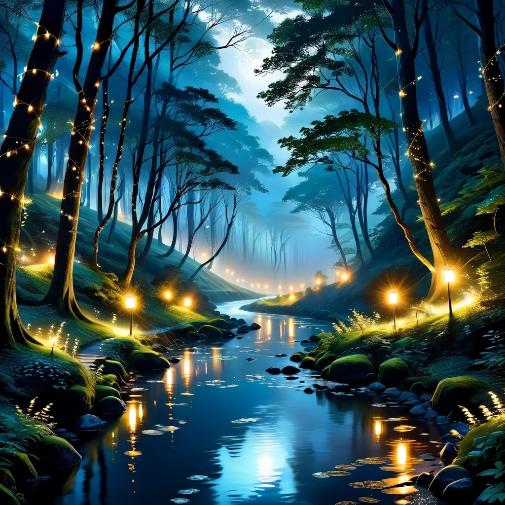 A magical forest at night with twinkling fairy lights and a shimmering river