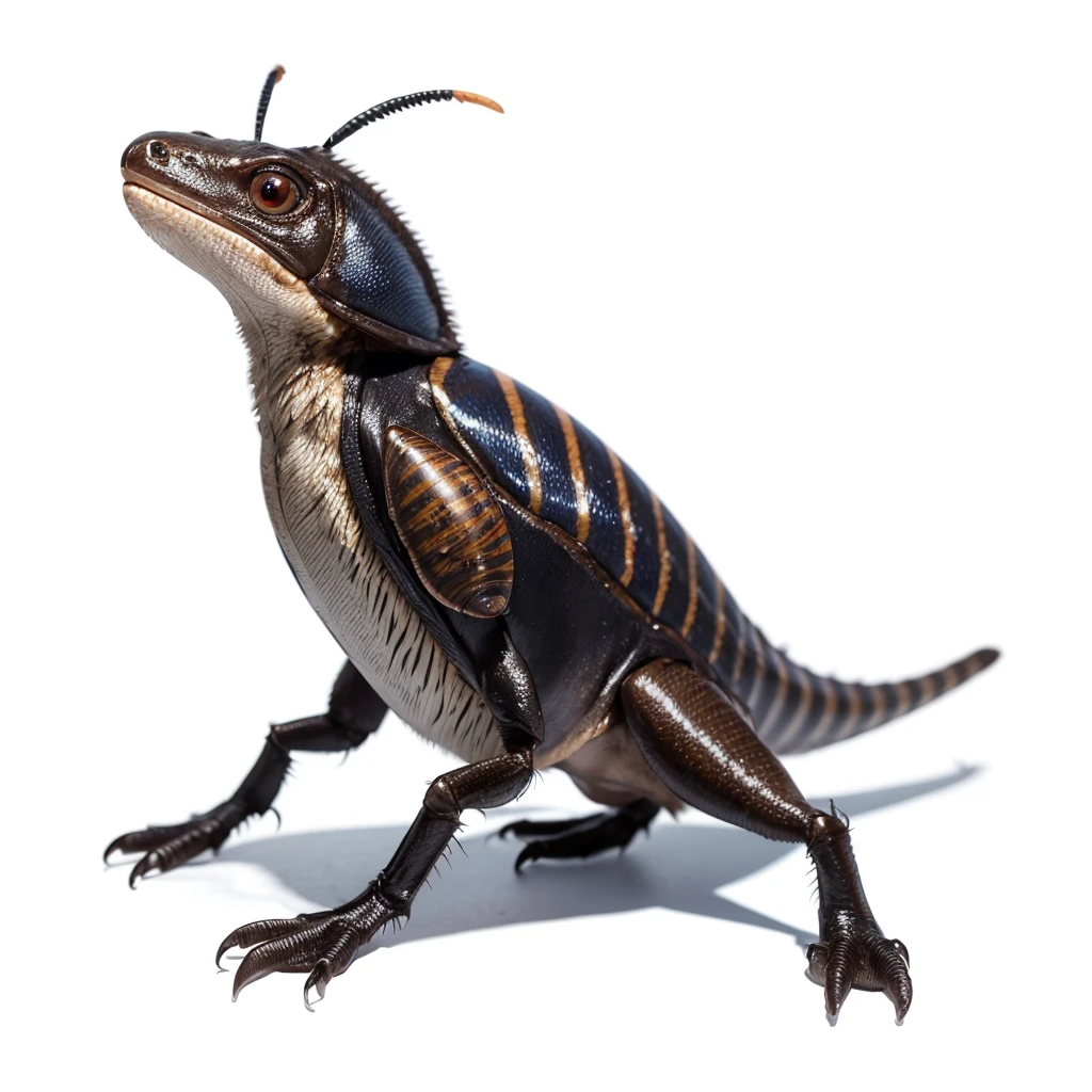 Small Animaly, generate Velociraptor mixed with cockroach, (the skin is Stone), has blue stripes on his skin, white eyes, Grassroots, no background 