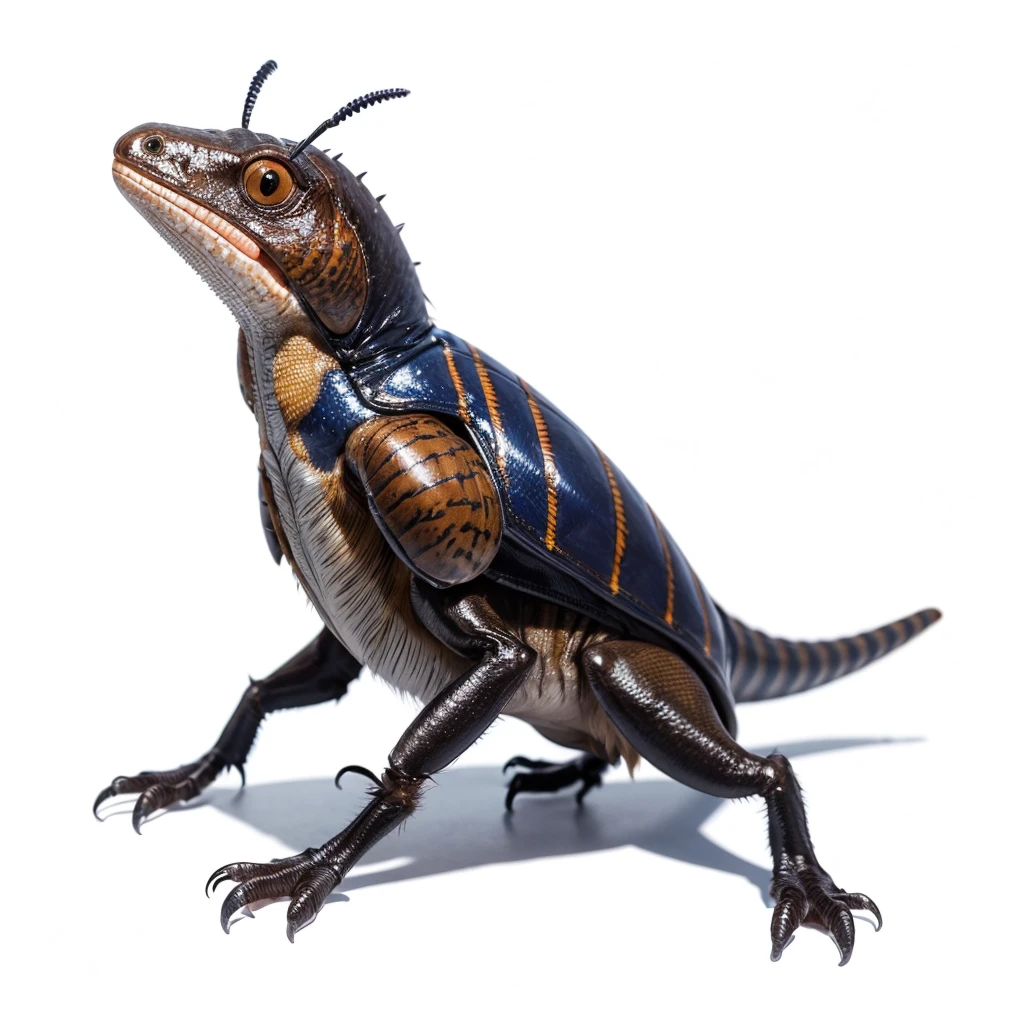 Small Animaly, generate Velociraptor mixed with cockroach, (the skin is Stone), has blue stripes on his skin, white eyes, Grassroots, no background 