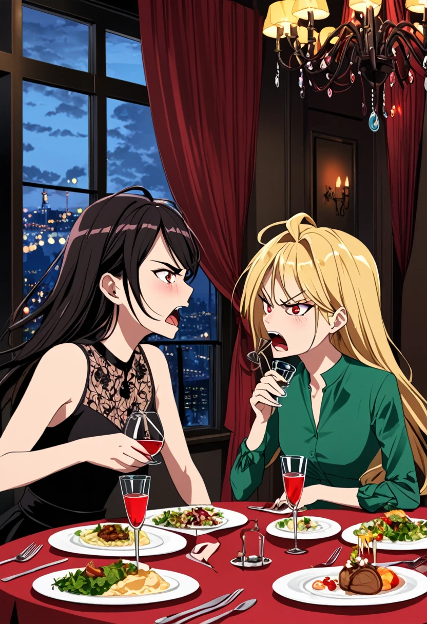 two woman romantic dinner vine glass angry