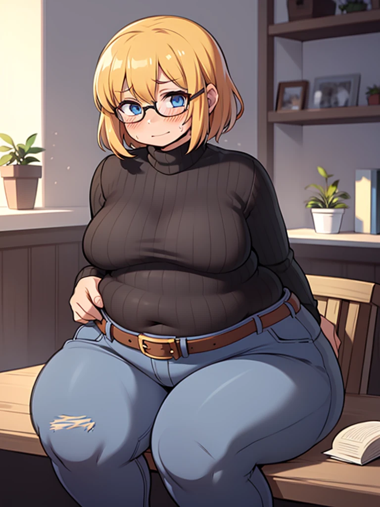 ((Masterpiece)), perfect anatomy, perfect shading, field of depth, (best quality), extremely delicate and beautiful, perfect lighting, detailed face, ultra cute face, cute, (cowboy shot 1.2), turned to the side, (((1girl))), ((solo)), looking at viewer,
short hair, fluffy hair, blonde hair, blue eyes, Glasses, ((Blush)), shy, nervous, sweating, (black turtleneck sweater 1.5), (jeans 1.2), belt, extremely tight clothes, medium breasts, ((wide hips)), ((thick thighs)), ((chubby)), chubby belly
coffee shop, sitting, intricate background, detailed background,
