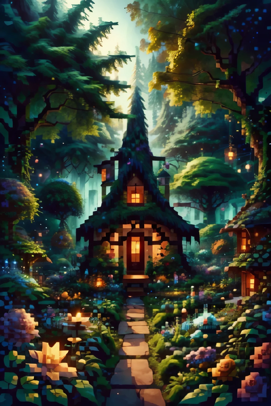 Beautiful magic garden with a small, cute witch hut. Trees are blue, and the landscape looks enchanting as it sparkles with magic energy 