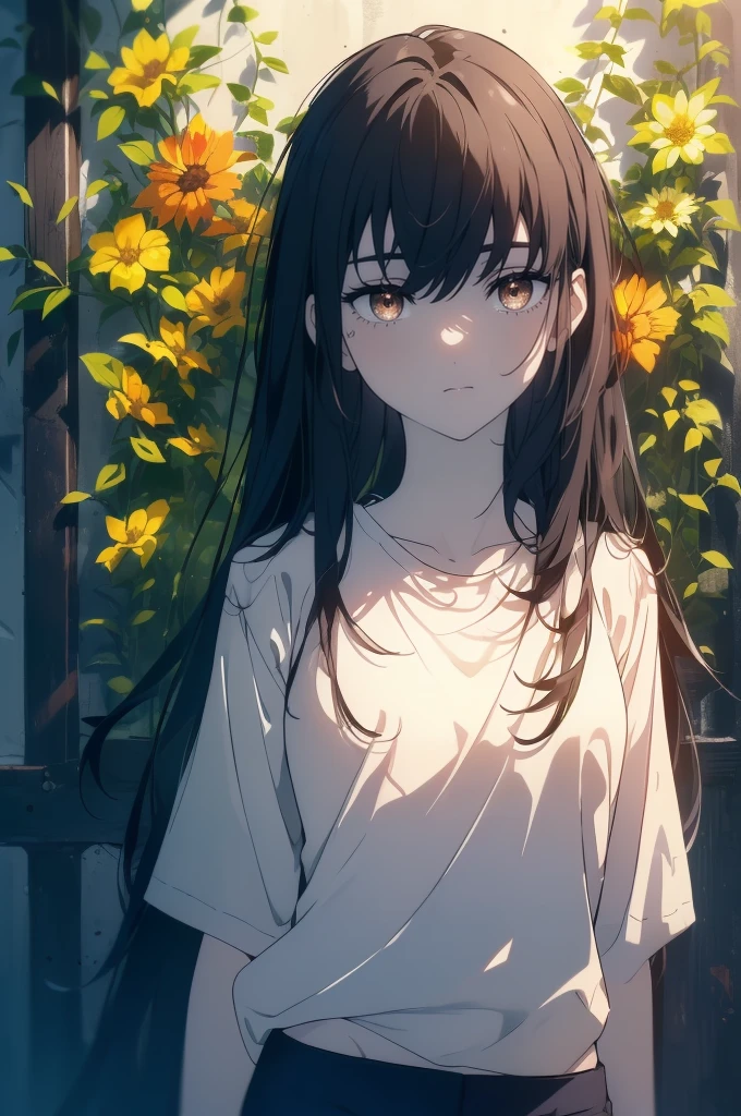 ((((Obra maestra, La mejor calidad, ultrahigh resolution)))), 1girl, standing, ((baggy white t-shirt, loose fitting blue shorts, black hair, dark black hair)), long hair cut, pale skin, ((brown eyes)), glowing_eyes, neon eyes, (ultra detailed eyes:0.7, beautiful and detailed face, detailed eyes:0.9), ((centered)), smile, ((wide shot)), facing viewer, (((vibrant background of outside, flowers, bright lighting, summer, sunlight))), flat chested, looking at viewer, ((perfect hands)), ((head:1, hips, elbows, arms, in view)), ((hands behind back)), empty eyes, beautiful lighting, defined subject, 25 years old, ((cool looking))