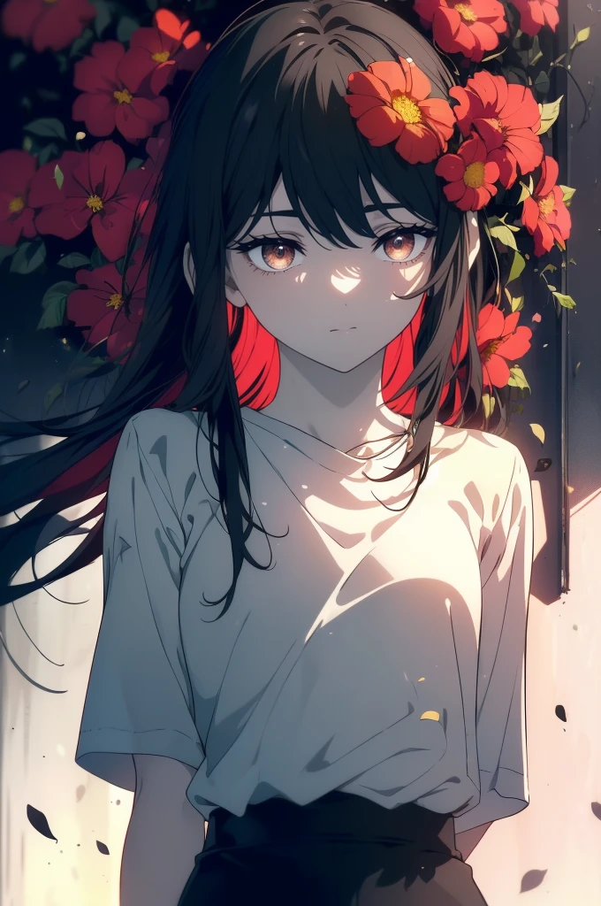 ((((Obra maestra, La mejor calidad, ultrahigh resolution)))), 1girl, standing, ((baggy white t-shirt, loose fitting blue shorts, black hair, dark black hair)), long hair cut, pale skin, ((brown eyes)), glowing_eyes, neon eyes, (ultra detailed eyes:0.7, beautiful and detailed face, detailed eyes:0.9), ((centered)), smile, ((wide shot)), facing viewer, (((vibrant background of outside, flowers, bright lighting, summer, sunlight))), flat chested, looking at viewer, ((perfect hands)), ((head:1, hips, elbows, arms, in view)), ((hands behind back)), empty eyes, beautiful lighting, defined subject, 25 years old, ((cool looking))