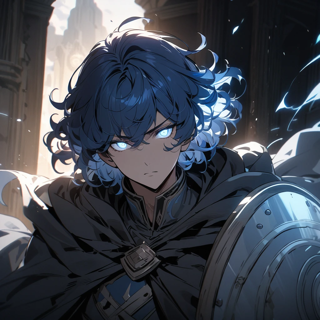 a handsome man with short blue hair, curly hair, white eyes, 4k, masterpiece, cloak, glowing eyes, short hair, shield, glowing hair, god, round circle light behind him