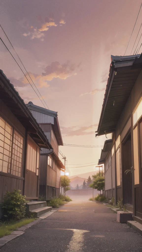 Anime Wallpaper: Ultra-detailed and beautifully crafted, this anime background invites the viewer into a tranquil modern Japanese street. Set during the golden hour, the soft, warm glow of the sunrise casts a golden lighting over the serene, empty street. The sleek, modern Japanese architecture stands tall, and a retro Japanese store with large, bold shop signs occupies one corner. Delicate trees with their foliage illuminated by the golden hour, a few potted plants, and rocks scattered around provide an earthy contrast. In the distance, hills rise up, with mountains only partially visible atop them. A lofi-style aesthetic permeates the scene, with emphasis