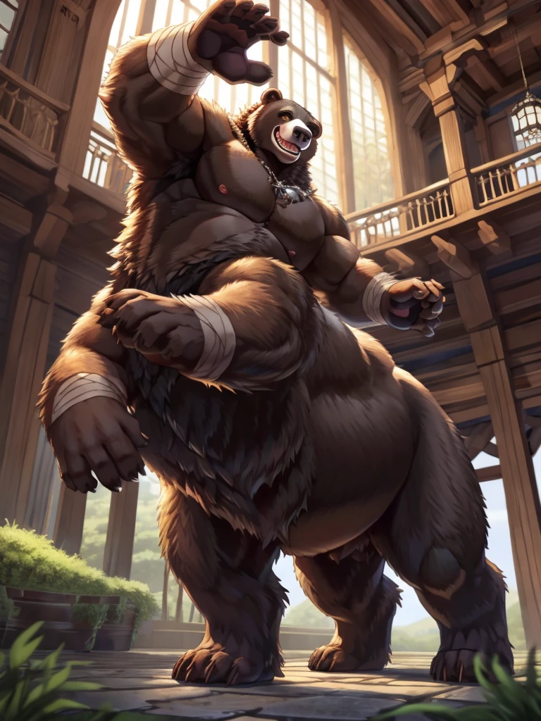 solo, feral, furry, fur taur, furry, male, beartaur, ((fluffy fur, fluffy, furry taur body)), (brown fur, bear print), brown body, grey hair, snout, black nose, yellow eyes, bear tail, detailed teeth, detailed face, detailed bear paws, detailed bear tail, spike ponytail, detailed fluffy fur, detailed face, detailed eyes, detailed body, detailed face, detailed eyes, full body, detailed taur body,  fantasy grand hall, (by null-ghost, by raccoon21, masterpiece, high quality, hi-res,8k), standing, outdoor, happy expression, day, smirk, dynamic pose, hand wraps, detailed hands, detailed muscle, big belly((white))