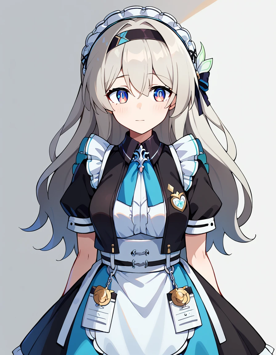 score_9, score_8_up, score_7_up, white background, simple background, BREAK source_anime, BREAK (1girl, solo, solo focus), fireflydef, jacket, dress, grey hair, maid outfit, cute, in bed