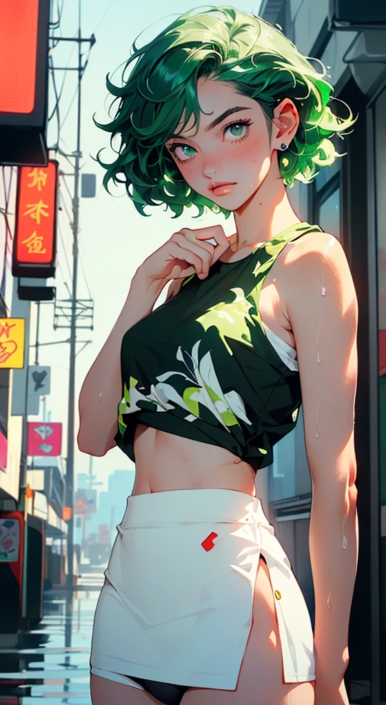 girl youtuber,(((1girl))),((extremely cute and beautiful green curly-haired girl)),
(short breasts:1.4),(((green curly hair:1.35,very curly hair,colored inner hair,ear breathing,short hair))),(((eyes green:1.3))),intricate eyes,beautiful detailed eyes,symmetrical eyes,big eyes:1.3,((fat)),(((lustrous skin:1.5,bright skin: 1.5,skin tanned,shiny skin,very shiny skin,shiny body,plastic glitter skin,exaggerated shiny skin,illuminated skin,wet legs))),detailed body,(detailed face),
cute,slutty,seductive,erotic,(((nsfw))),
zettai ryouiki,revealing clothing,show skin,((rave mini-skirt,visible thong straps,white loose tank top with an pop art print)),((wet clothes,intricate outfit,intricate clothes)),
(dynamic pose:1.0),embarrassed,(centered,scale to fit dimensions,Rule of thirds),
cyberpunk city by the ocean at night, with bright neon signs and dark stormy clouds and puddles, scenery:1.25,
artistic photography,(photography taken by sldr),highres, sharp focus, (ultra detailed, extremely detailed), (photorealistic artwork:1.37),(extremely detailed CG unity 8k wallpaper),((synthwave background theme)),(((vibrant colors))),(intricate background),(masterpiece),(best quality),