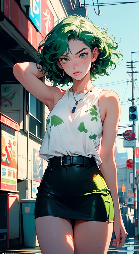 girl youtuber,(((1girl))),((extremely cute and beautiful green curly-haired girl)),

(short breasts:1.4),(((green curly hair:1.35,very curly hair,colored inner hair,ear breathing,short hair))),(((eyes green:1.3))),intricate eyes,beautiful detailed eyes,symmetrical eyes,big eyes:1.3,((fat)),(((lustrous skin:1.5,bright skin: 1.5,skin tanned,shiny skin,very shiny skin,shiny body,plastic glitter skin,exaggerated shiny skin,illuminated skin,wet legs))),detailed body,(detailed face),

cute,slutty,seductive,erotic,(((nsfw))),

zettai ryouiki,revealing clothing,show skin,((rave mini-skirt,visible thong straps,white loose tank top with an pop art print)),((wet clothes,intricate outfit,intricate clothes)),

(dynamic pose:1.0),embarrassed,(centered,scale to fit dimensions,Rule of thirds),

cyberpunk city by the ocean at night, with bright neon signs and dark stormy clouds and puddles, scenery:1.25,

artistic photography,(photography taken by sldr),highres, sharp focus, (ultra detailed, extremely detailed), (photorealistic artwork:1.37),(extremely detailed CG unity 8k wallpaper),((synthwave background theme)),(((vibrant colors))),(intricate background),(masterpiece),(best quality),