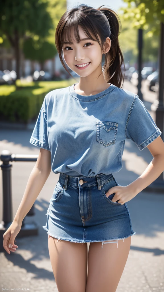 masterpiece, Highest quality:1.1), (8K, RAW Photos, Photo Real:1.2, f22), (Shiny skin), Detailed skin,ponytail,Detailed face, Fine grain,smilee,break, Real World, Intricate details, smile, break, One girl, whole body,(T-Shirts,Denim mini skirt)break, (town:1.4)
