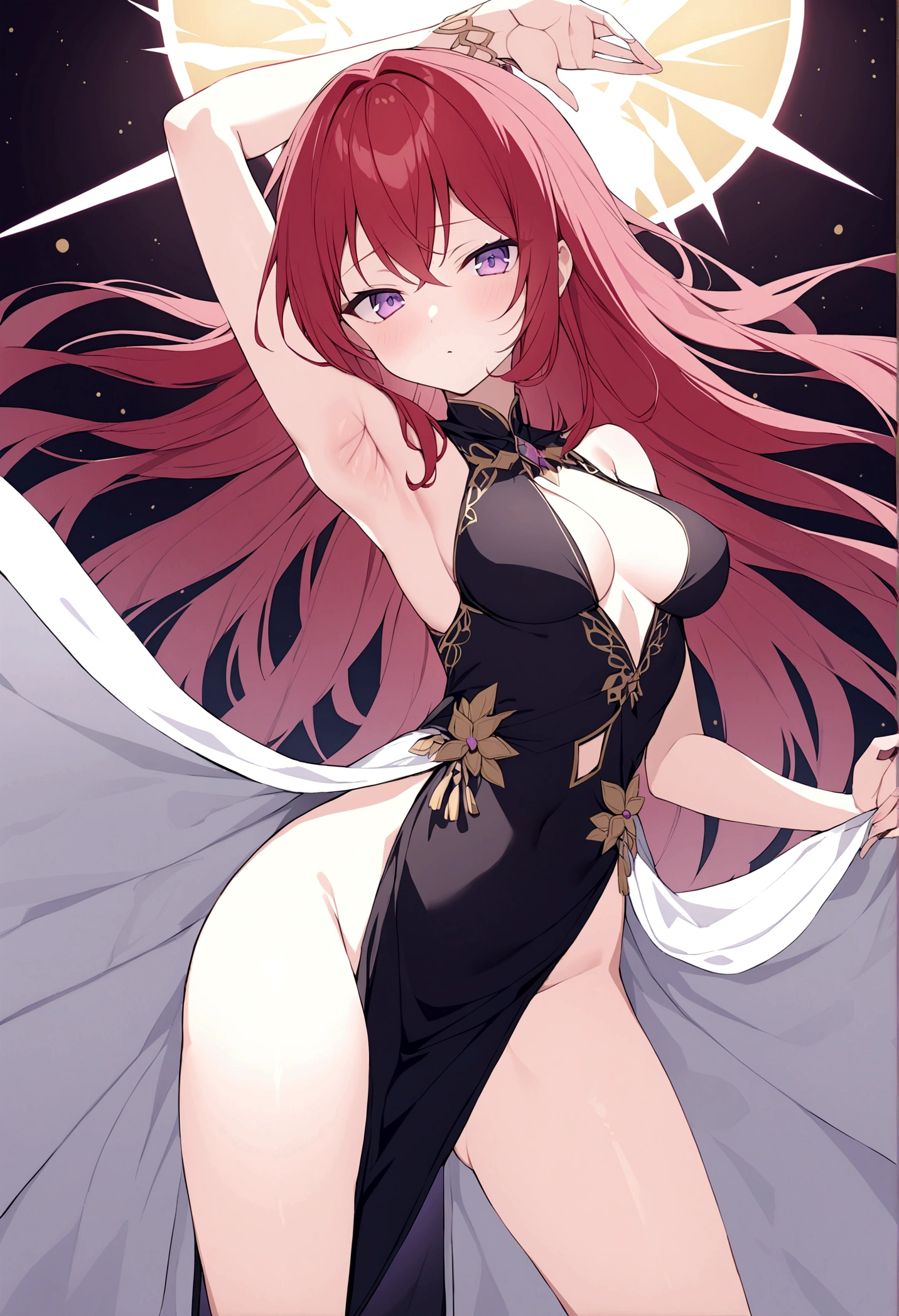 Armpits spread, detailed, red hair, purple eyes, dress, thigh slit