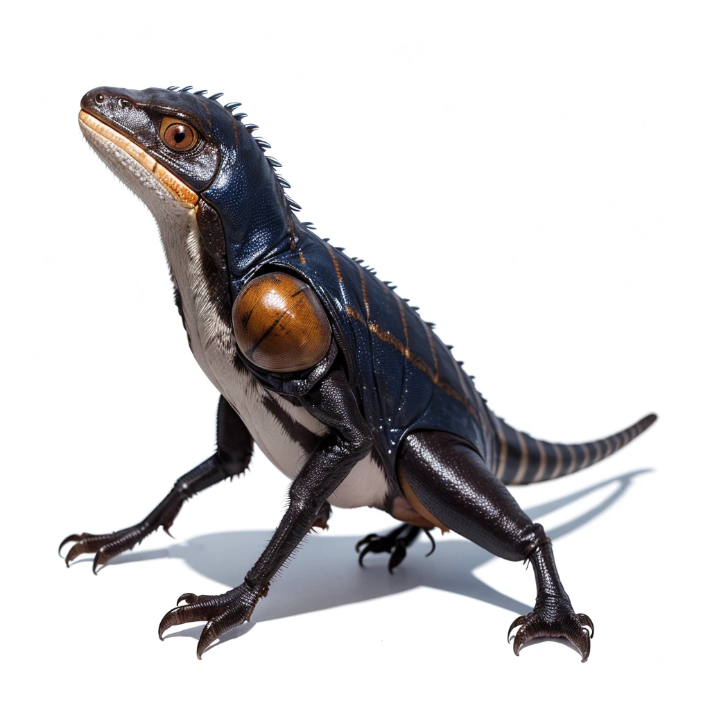 Small Animaly, generate Velociraptor mixed with cockroach, (the skin is Stone), has blue stripes on his skin, white eyes, Grassroots, no background 