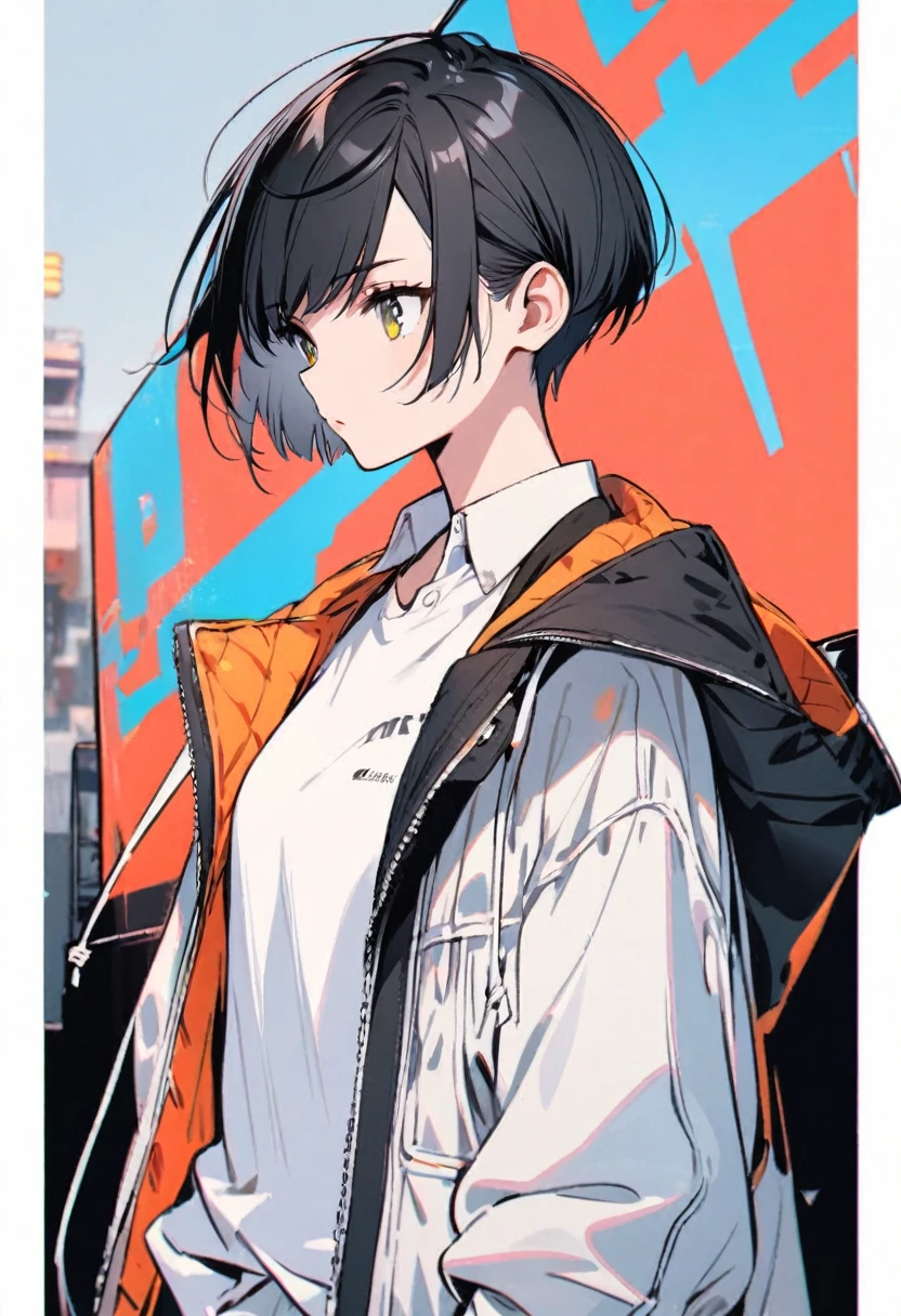 black hair, white shirt, jacket, 1girl, short hair, boyish, stylish, bright